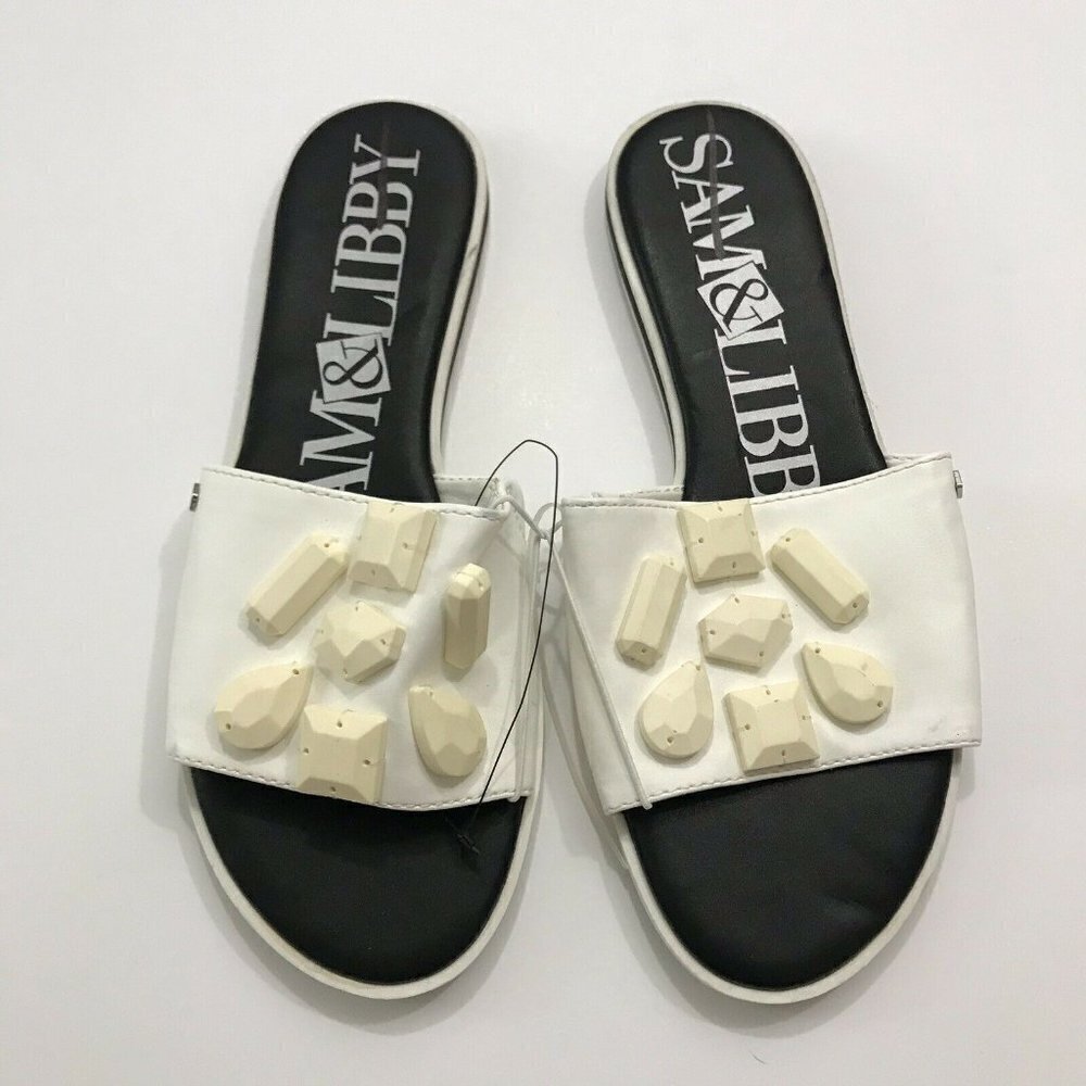 Sam & Libby Women 9 Cami‎ Embellished Sandals White Stones Black Sole Slide On